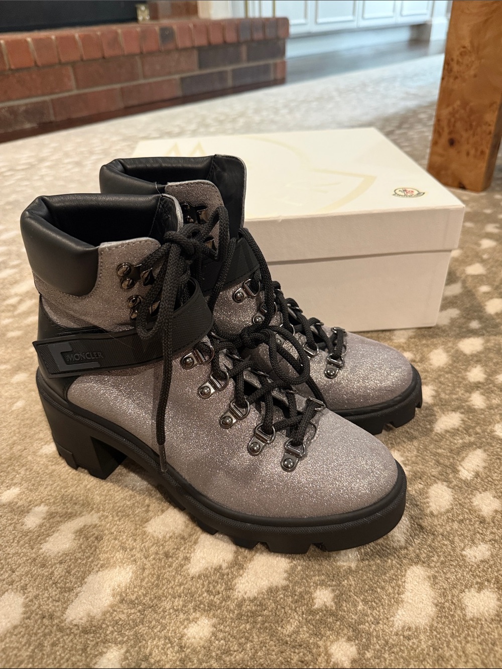 Moncler Women's Carol Silver Glitter Lace-Up Chunky Heel Hiking Boots. Size 38